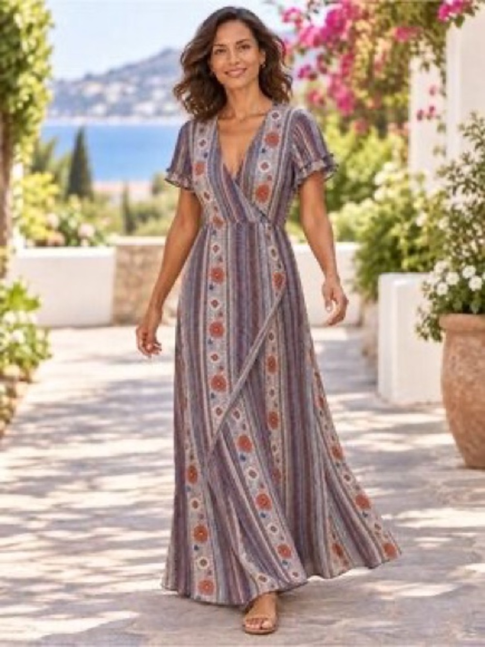 Patrons Of Peace Boho Floral Stripe Faux Wrap Maxi Dress Womens M Multicolor